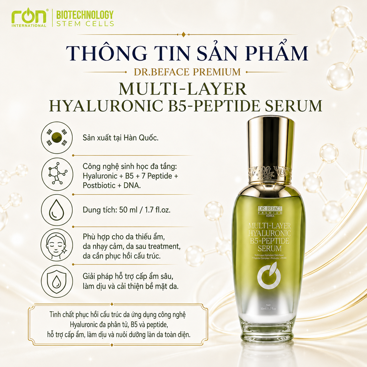 DR.BEFACE PREMIUM MULTI-LAYER HYALURONIC B5-PEPTIDE SERUM/Tinh Chất Hya B5 – Hyaluronic Đa Phân Tử Công Nghệ Sinh Học Hỗ Trợ Phục Hồi Cấu Trúc Da